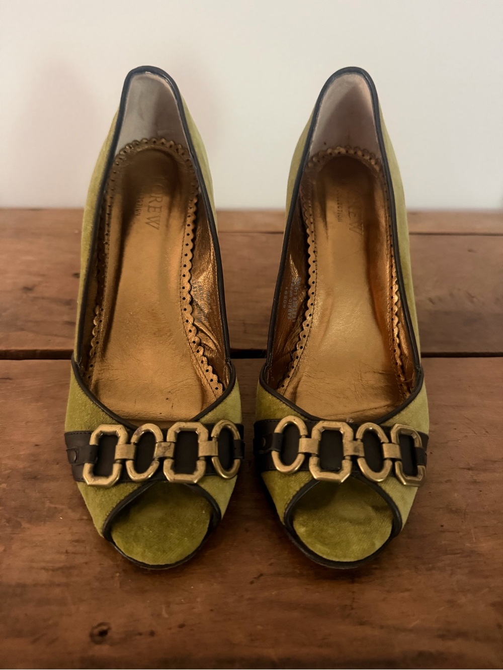 J. Crew Olive Suede Peep-Toe Pumps with Gold Accent. Made in Italy. Like New.